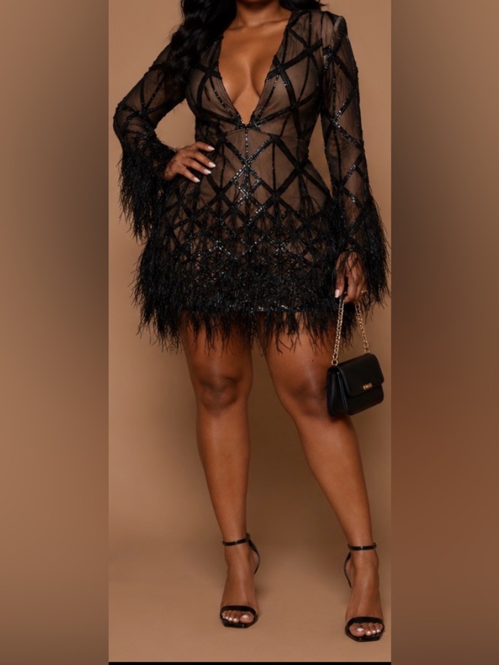 Black & Nude Mesh Mini Dress with Feather Trim